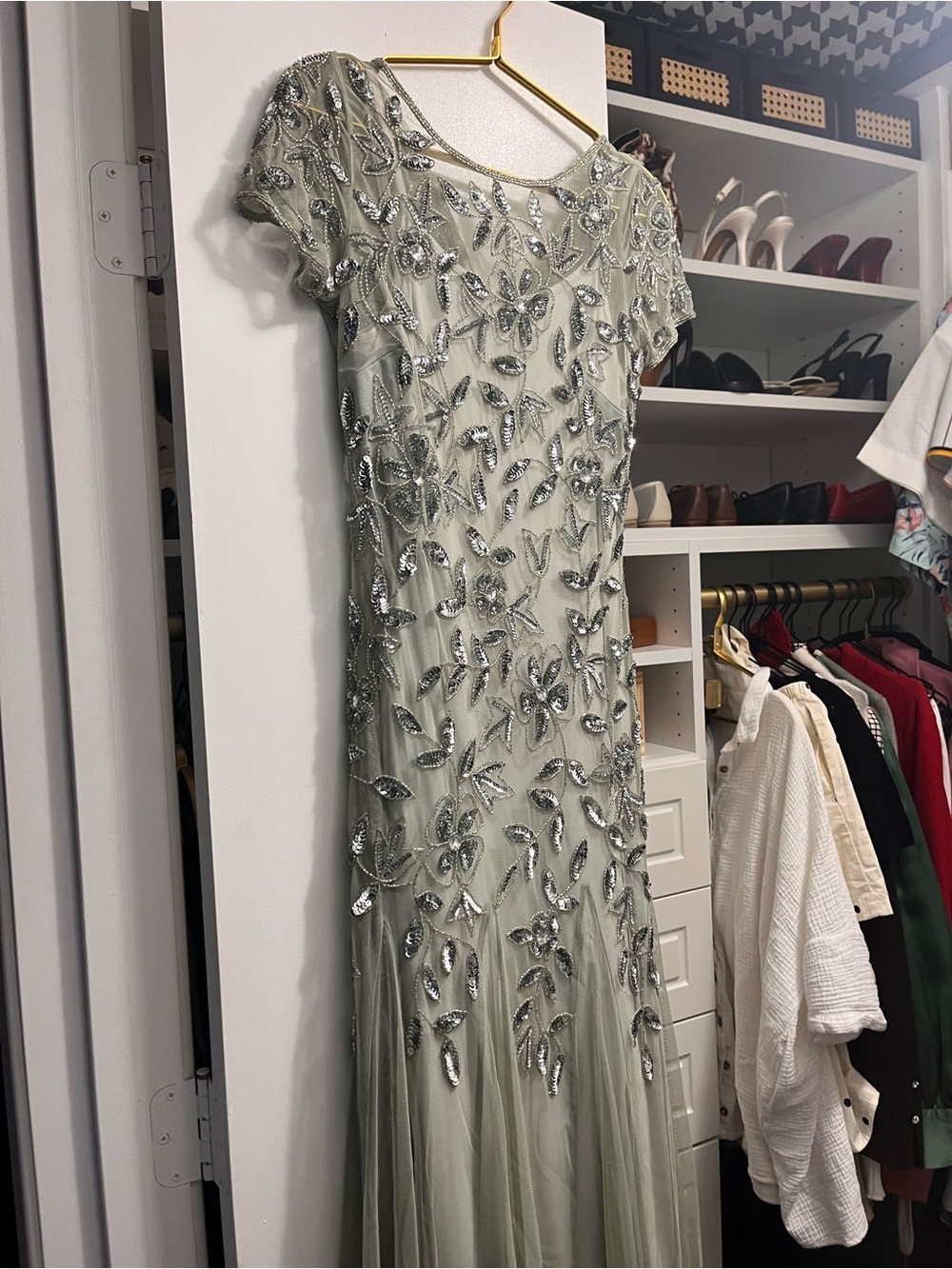 Silver Sequin Sage Green Evening Dress - Glorystar